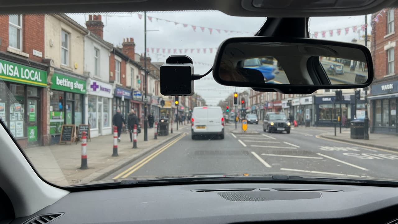 Daylight UK high street from the driver's seat, cube dash camera on the inside of the windscreen with its back facing the cabin and the lens toward the road