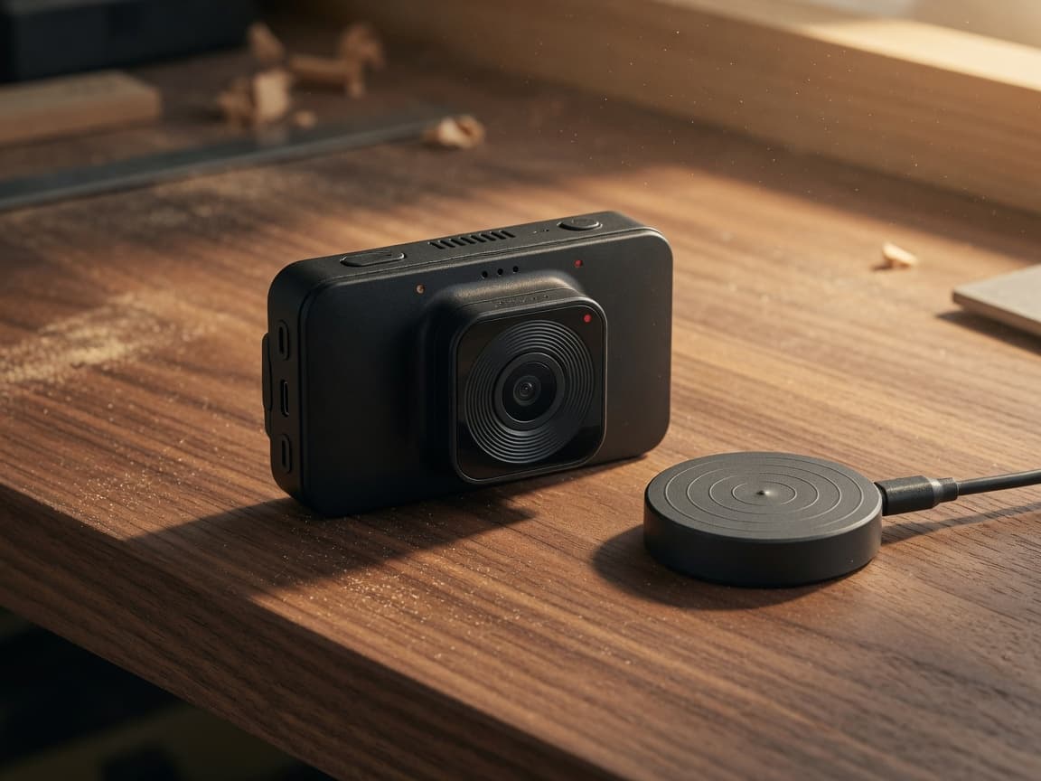 A screenless brick dash camera and a small radar puck on a walnut workbench