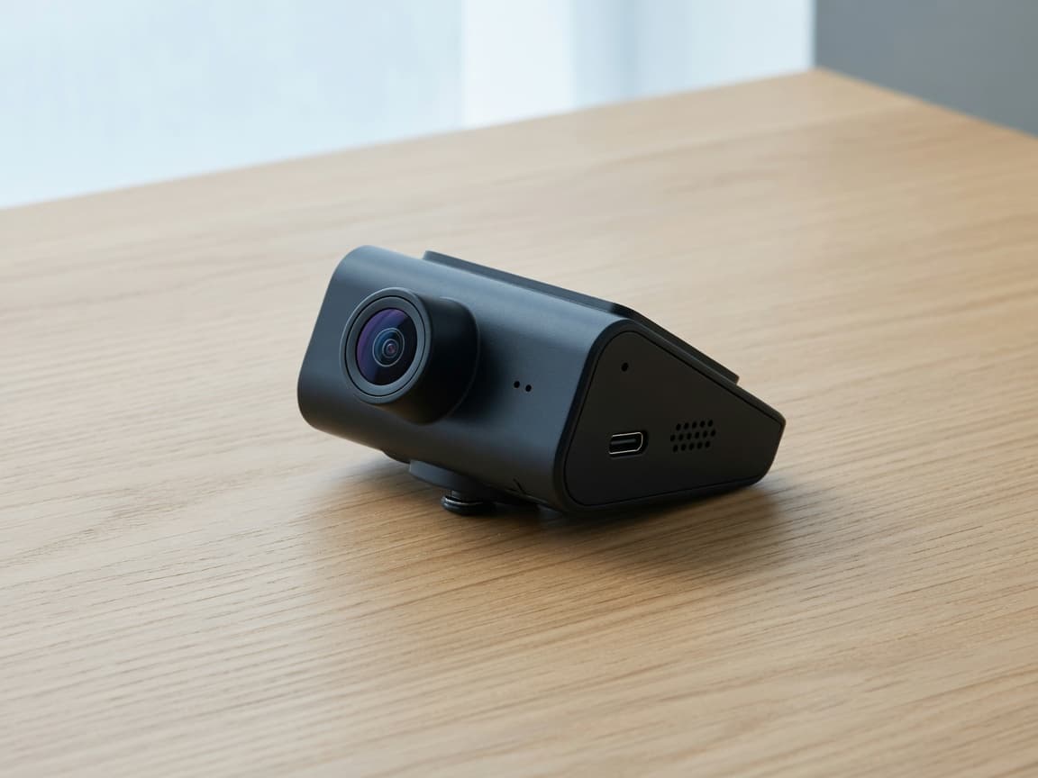 A compact wedge dash camera on a light oak desk