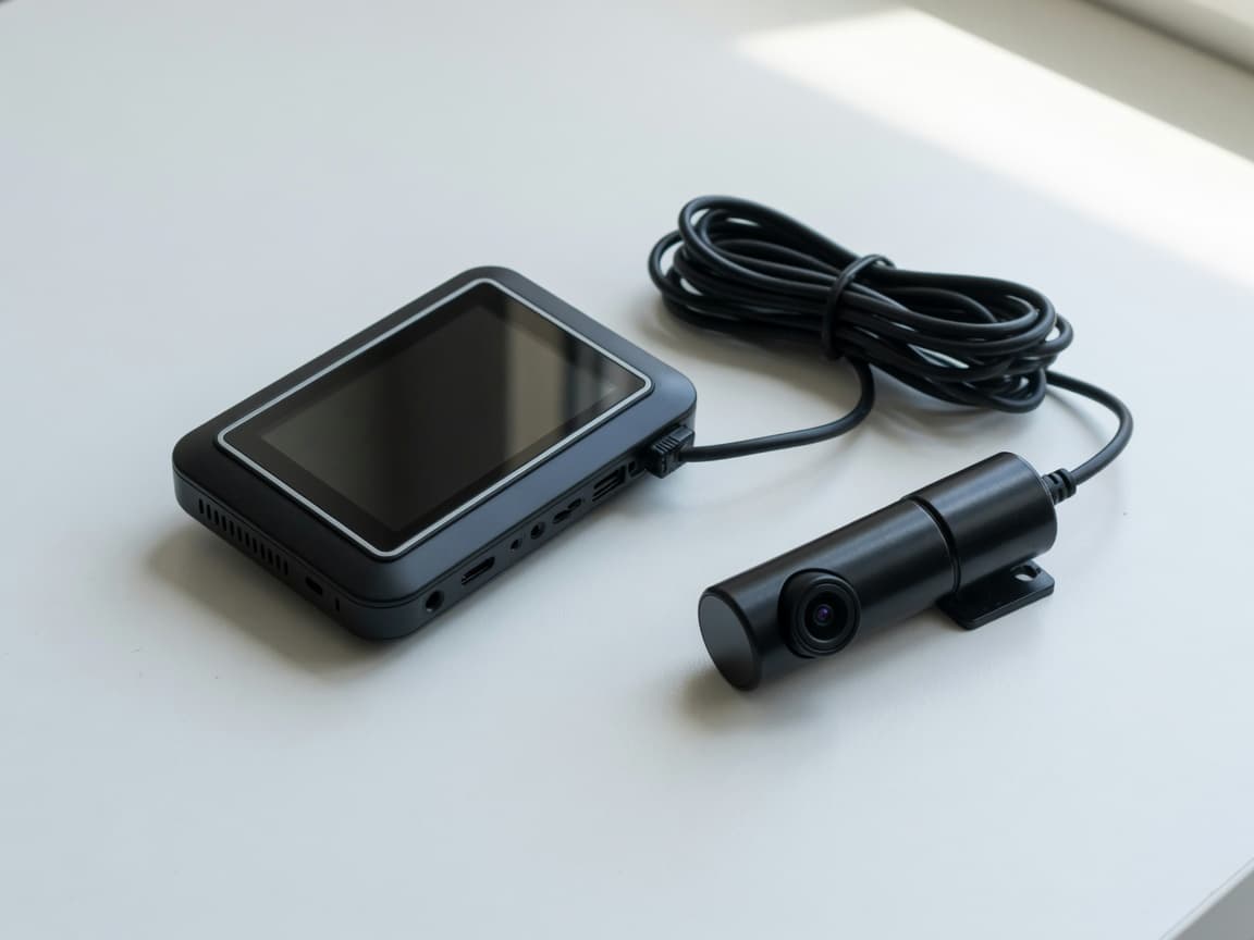 A front dash camera with a screen and a slim rear camera on a white table