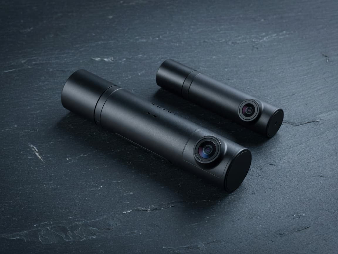 Two cylindrical dash cameras on dark slate