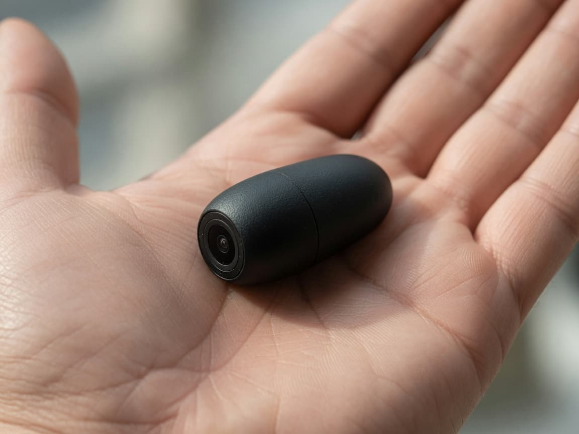A tiny pebble dash camera resting in an open palm