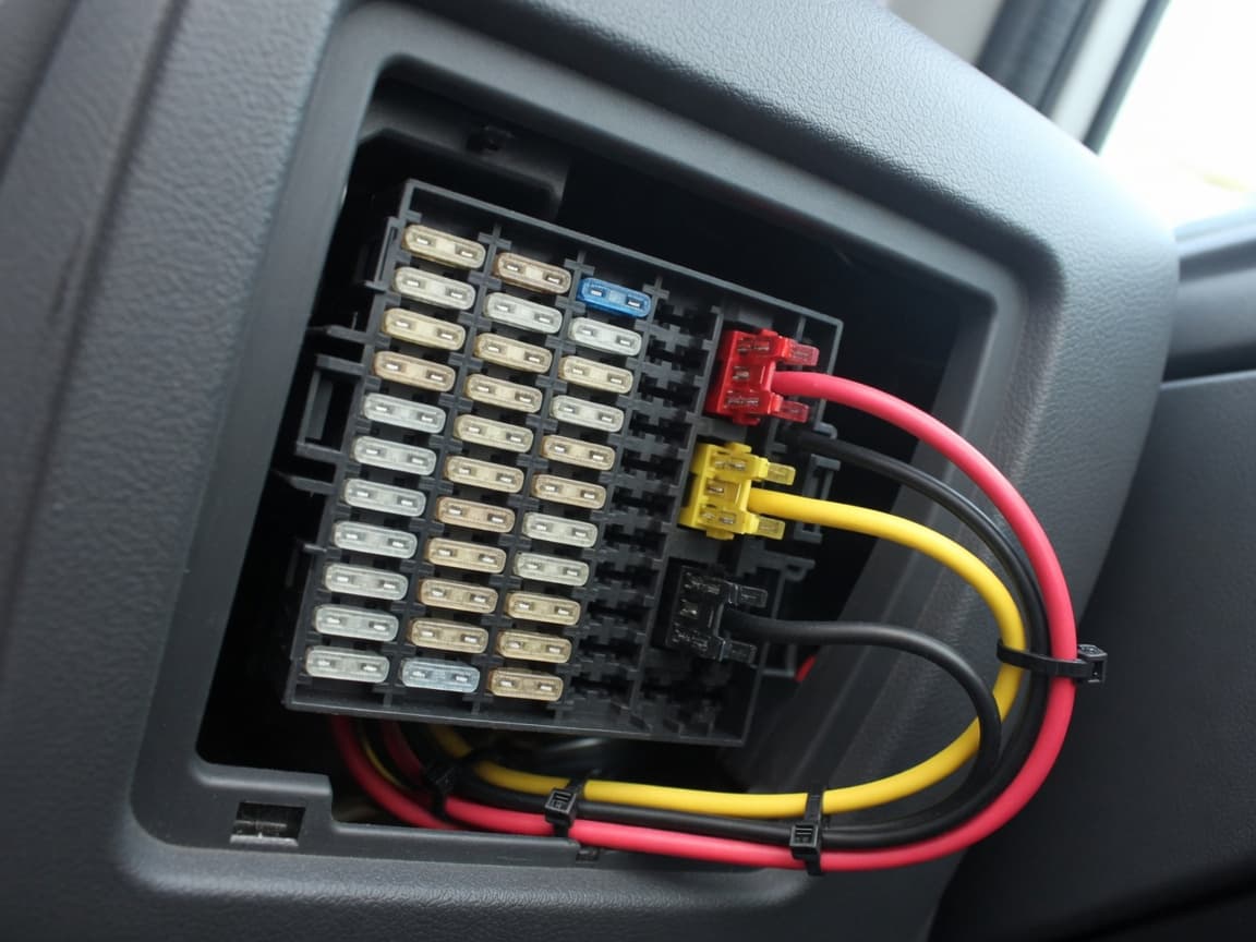A three-wire hardwire kit fitted at a car fuse box