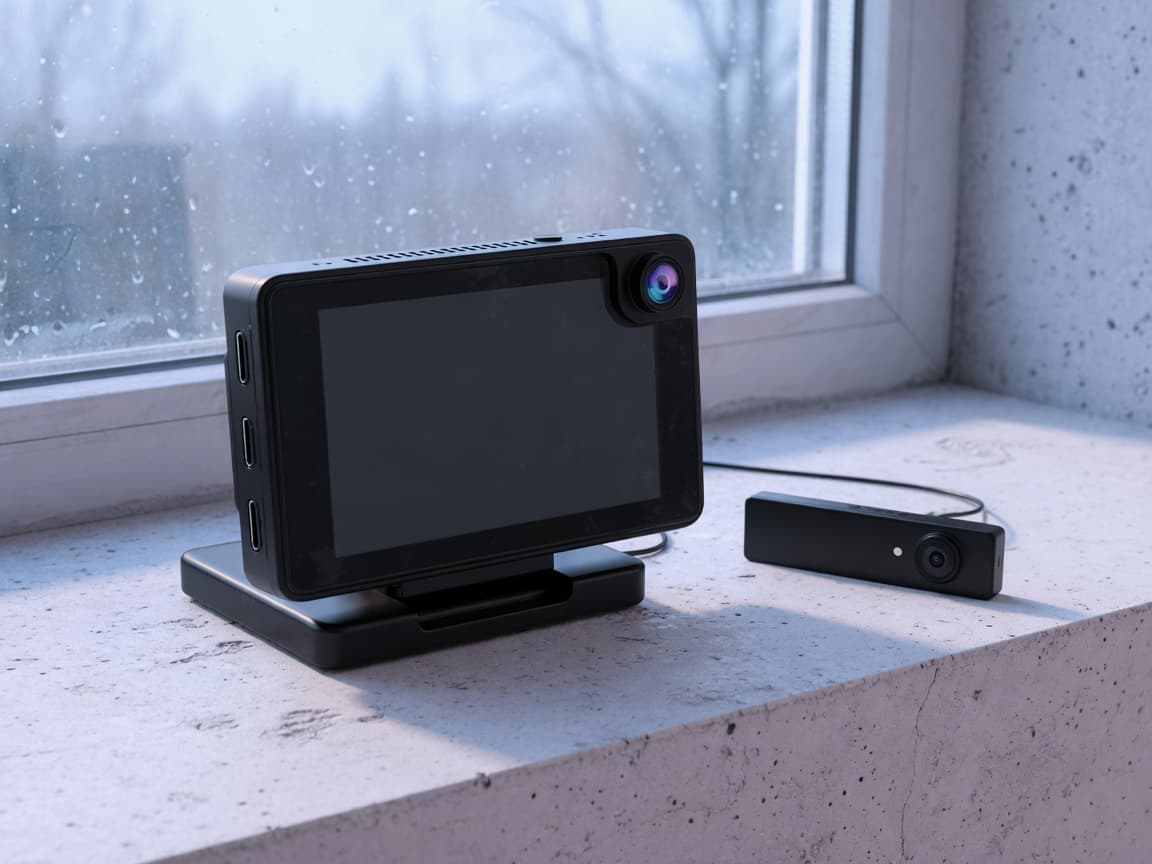 A rectangular dash camera with a screen and a slim rear camera on a concrete windowsill