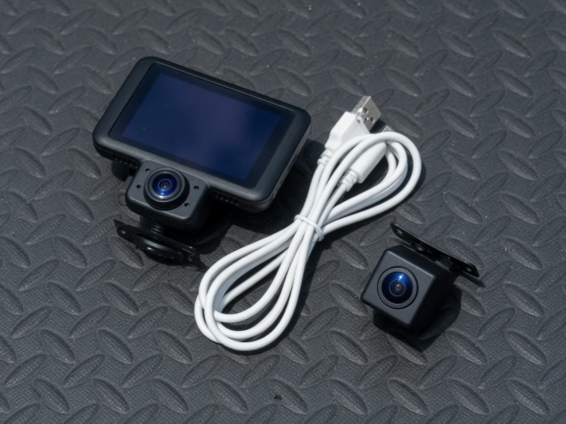 A front dash camera with a screen and a small rear camera on a rubber workshop mat