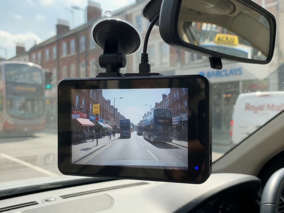 A dash camera on a UK windscreen with the screen facing the cabin, filming the high street ahead