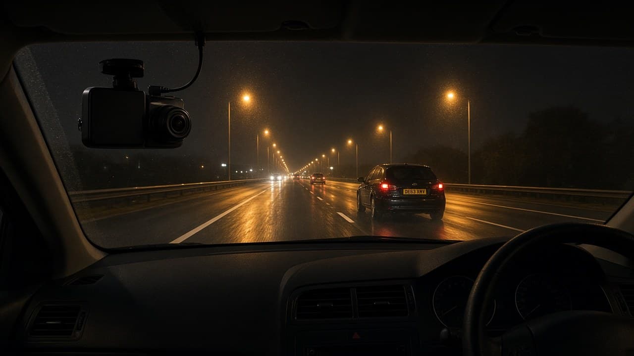 Night view from a UK car cabin toward traffic ahead, dash camera on the inside of the windscreen filming the road