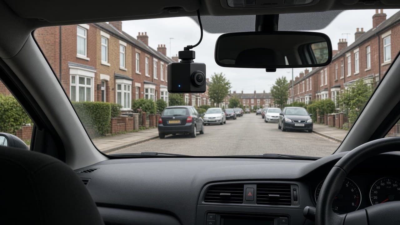 From inside a parked UK car, cube dash camera on the windscreen pointing out at a suburban street