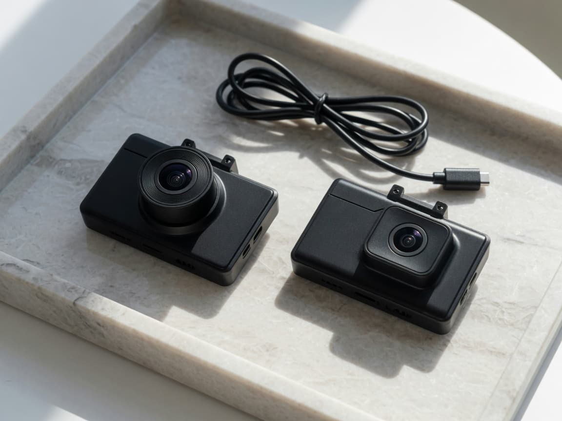 Two screenless dash cameras and a cable on a marble tray