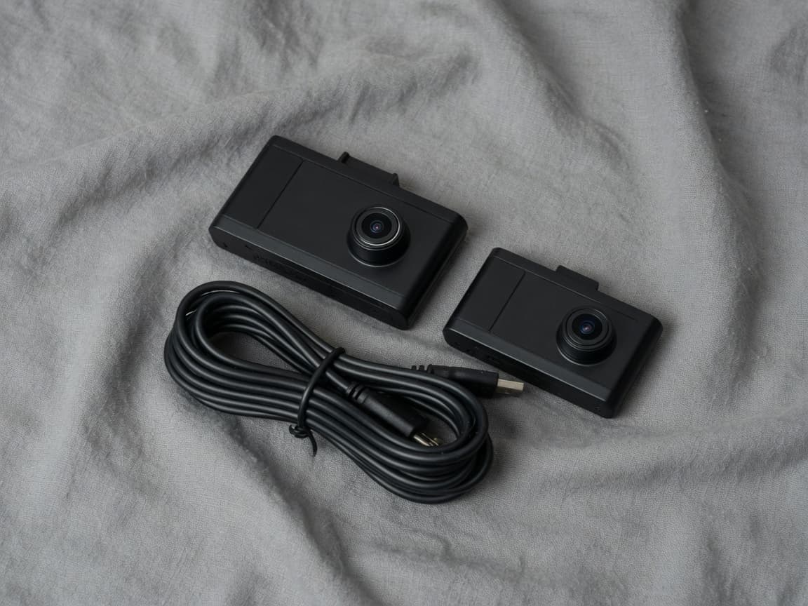 Two rectangular dash cameras and a cable on grey linen